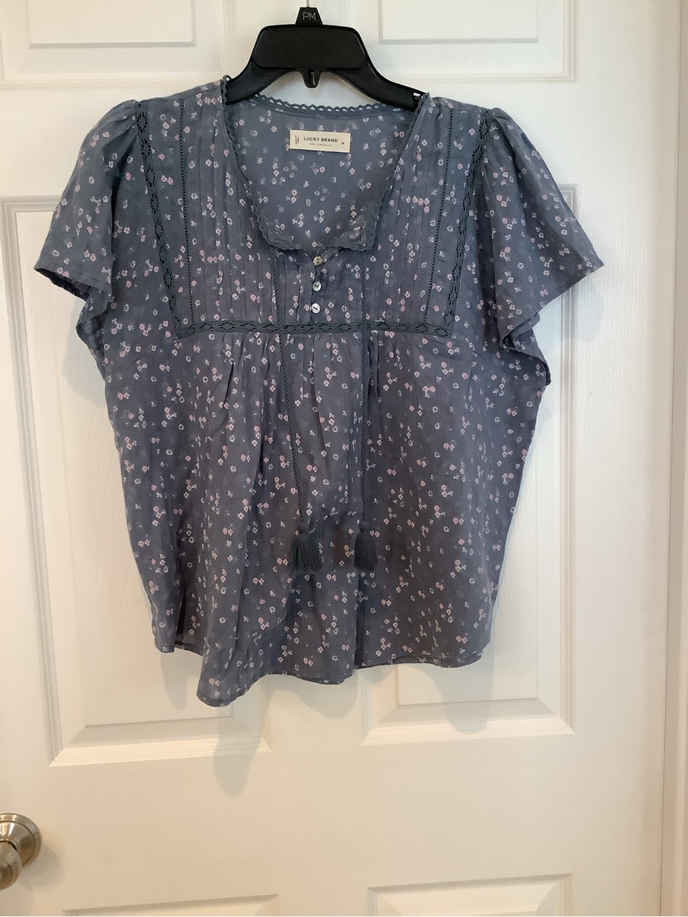 Lucky Brand Blue Floral Tassel Peasant Top